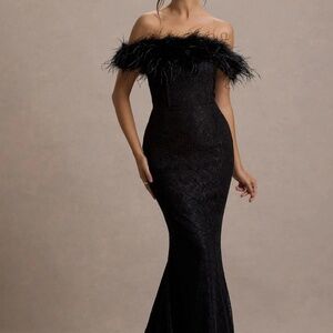 Club L London Idyll | Black Lace Bardot Feather Fishtail Maxi Dress